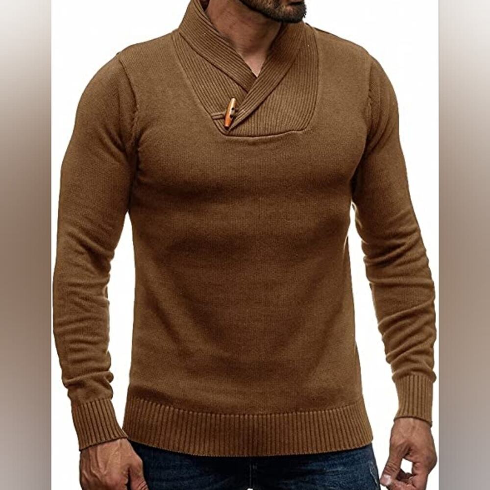 New Men's Slim Fit Brown Sweater Pullover Shawl Collar Knit Size‎ M